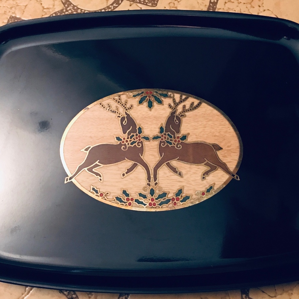 Couroc Resin Inlay Tray Reindeer Christmas T1